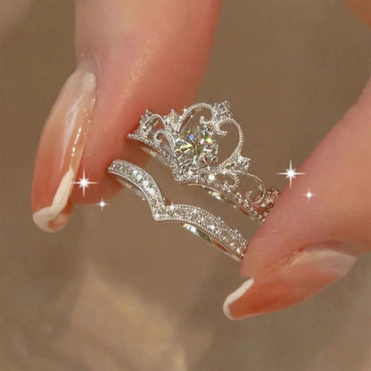 Stainless Steel 2PCS Crystal Crown Adjustable Ring Irregular Geometry Vintage Rings Set for Women Girls New Fashion Jewelry Gift