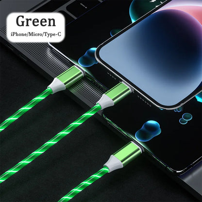 3 in 1 LED Light Glowing Charging Cable 3A Micro USB C Type C Flowing Streamer Type-C Cable for iPhone Xiaomi Huawei