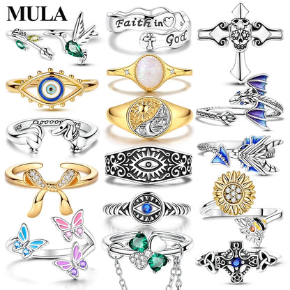 MULA 925 Sterling Silver Rings Retro Sun Moon Stars Adjustable Open Ring For Women Man Wedding Band Party Fashion Jewelry Gift