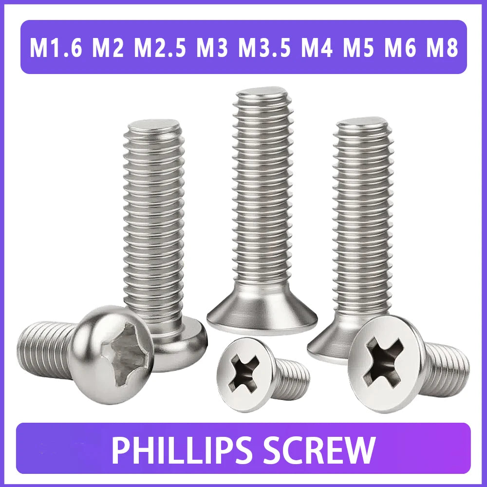 M1.6 M2 M2.5 M3 M3.5 M4 M5 M6 M8 Stainless Steel Cross Recessed Pan/Countersunk Head Screw Phillips TV Computer Furniture Bolts