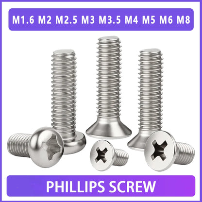 M1.6 M2 M2.5 M3 M3.5 M4 M5 M6 M8 Stainless Steel Cross Recessed Pan/Countersunk Head Screw Phillips TV Computer Furniture Bolts
