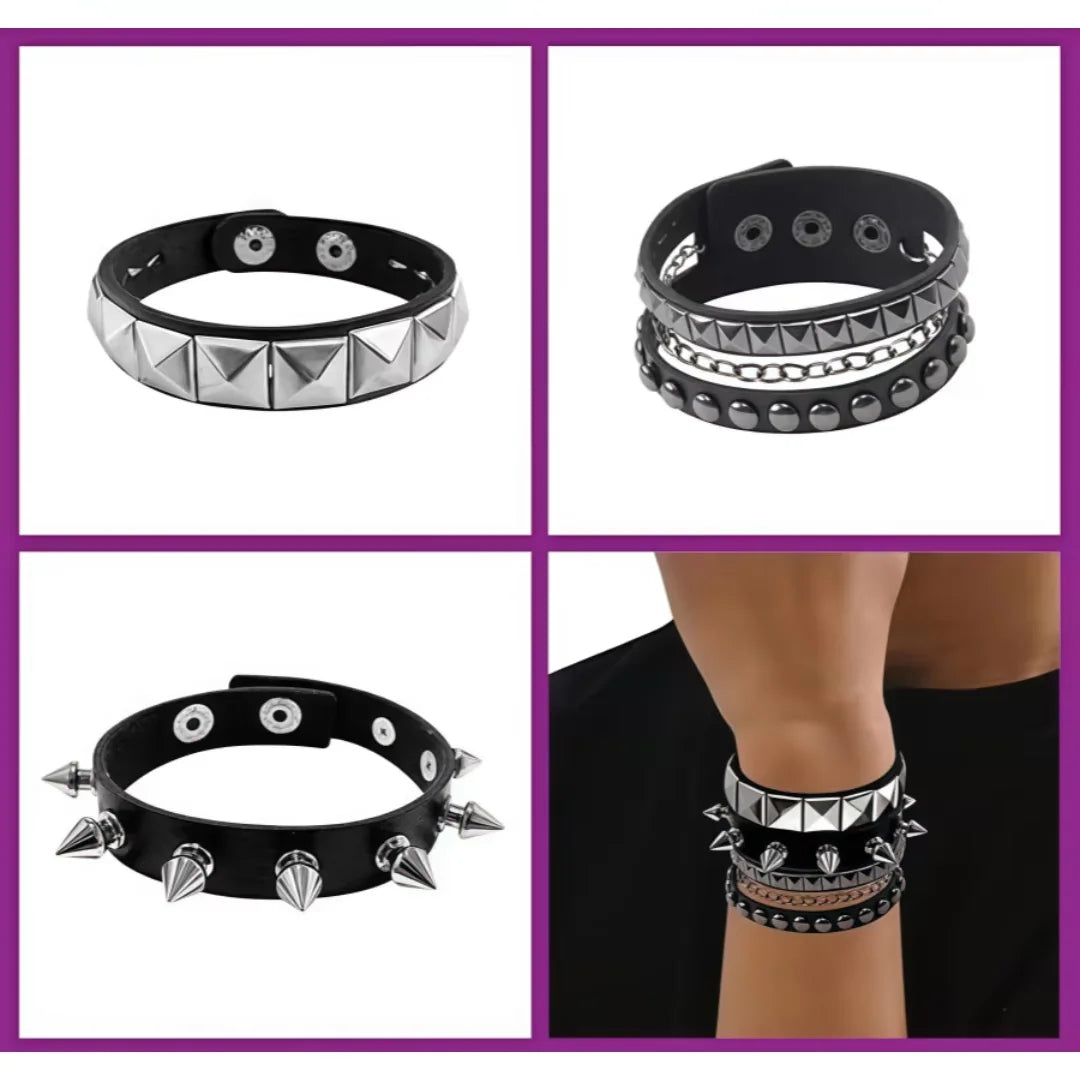 Emo Y2K Indie Grunge Studs Spiked Bracelet Goth Jewelry Accessories for Cool Rocker Skater Biker, 4 Pieces Men Punk Black PU Leather Cuff Bracelets Set