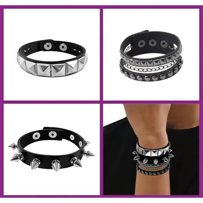 Emo Y2K Indie Grunge Studs Spiked Bracelet Goth Jewelry Accessories for Cool Rocker Skater Biker, 4 Pieces Men Punk Black PU Leather Cuff Bracelets Set