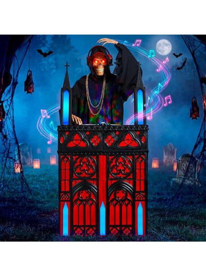 6ft Halloween Animatronic DJ Reaper Decorations Outdoor Life-Size Gothic Skeleton DJ RGB Lights & Motion Activated Head, Creepy Halloween Decor for Yard Garden Lawn