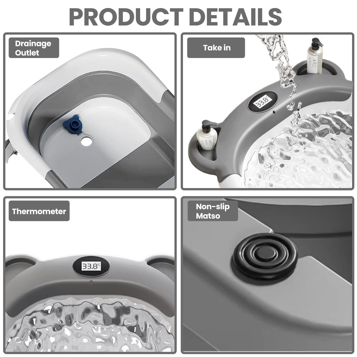 Portable Travel Bathtub, Collapsible Baby Bathtub, with Thermometer &1Soft Floating Cushion, with Drain Hole,For Baby 0-36 Month