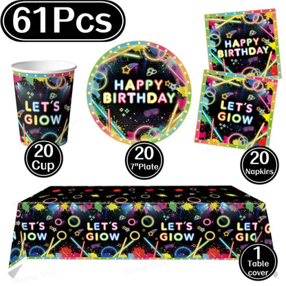 Neon Birthday Party Supplies Disposable Tableware Plates Cups Napkins Tablecloth Kids Blacklight Glow Theme Birthday Decorations