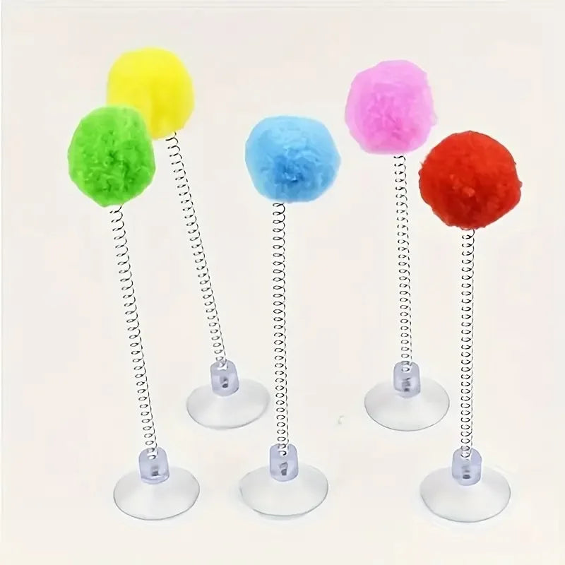 1 Pc Cat Fur Ball Spring Toy Suction Cup Pet Interactive Toy Fun-colored Cat Teaser Stick