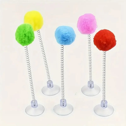 1 Pc Cat Fur Ball Spring Toy Suction Cup Pet Interactive Toy Fun-colored Cat Teaser Stick