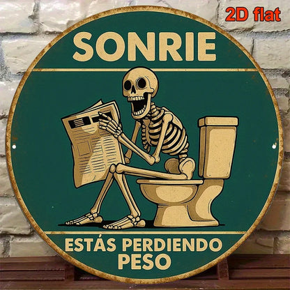 1pc, Round Spanish Aluminum Sign, Retro Decorative Plaque About 'Skeleton Reading on The Toilet', Humorous Toilet Decoration
