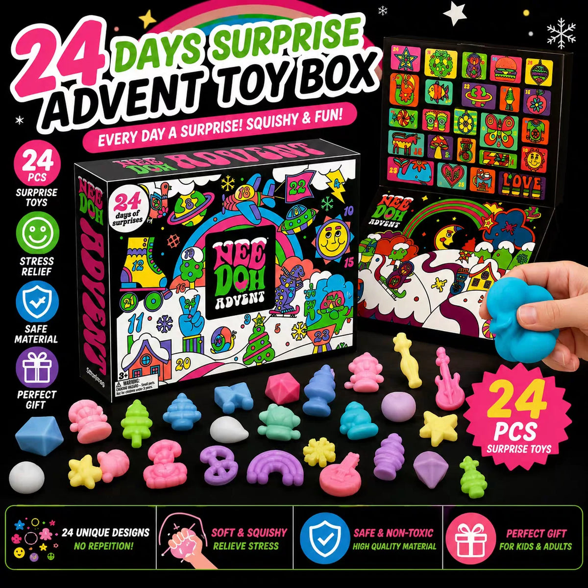 NeeDoh Advent Calendar 3D PVC Fidget Doll Christmas Countdown Surprise Box Stress Relief Toy New Year Holiday Gift