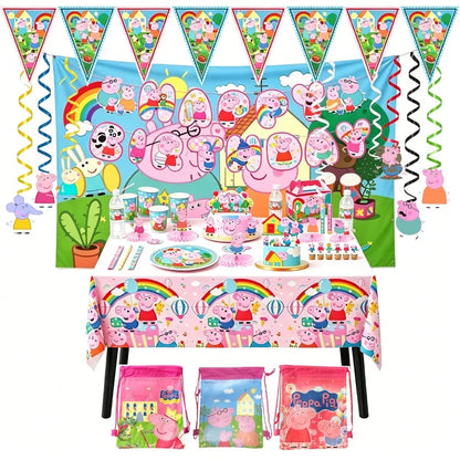 Peppa Pig Theme Party Supplies Tableware Cup Plate Straw Napkins Spiral Honeycomb Paper boxe Background Girls Birthday Decorate