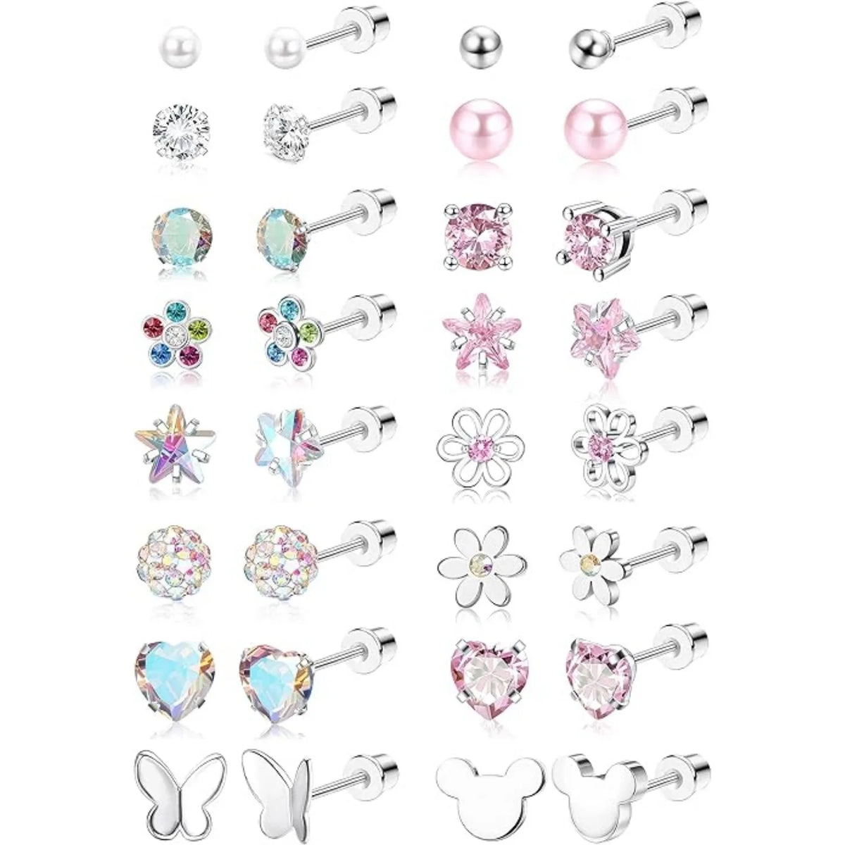 16Pairs 316L Stainless Steel Earrings for Women Hypoallergenic Screw Back CZ Pearl Heart Flower Ctue Stud Earrings Jewelry Gift