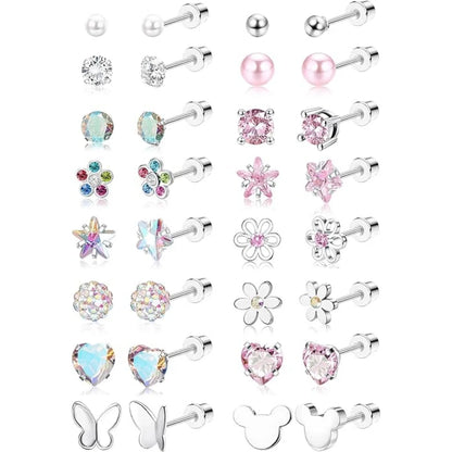 16Pairs 316L Stainless Steel Earrings for Women Hypoallergenic Screw Back CZ Pearl Heart Flower Ctue Stud Earrings Jewelry Gift