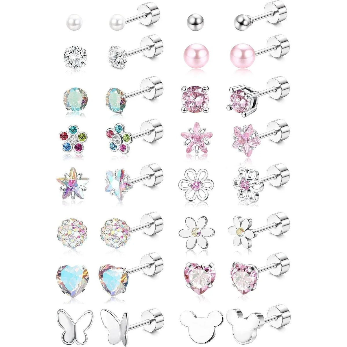 16Pairs 316L Stainless Steel Earrings for Women Hypoallergenic Screw Back CZ Pearl Heart Flower Ctue Stud Earrings Jewelry Gift
