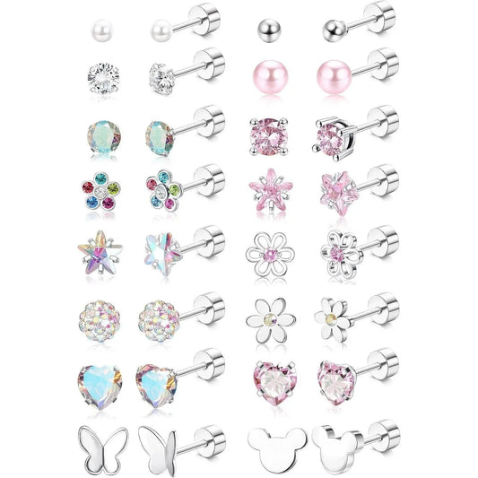 16Pairs 316L Stainless Steel Earrings for Women Hypoallergenic Screw Back CZ Pearl Heart Flower Ctue Stud Earrings Jewelry Gift