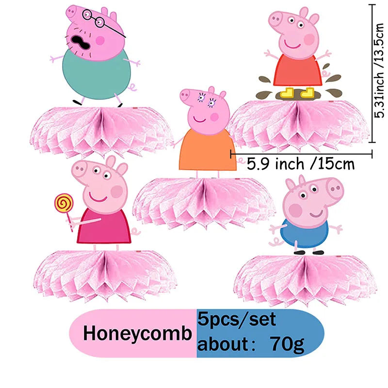 Peppa Pig Theme Party Supplies Tableware Cup Plate Straw Napkins Spiral Honeycomb Paper boxe Background Girls Birthday Decorate