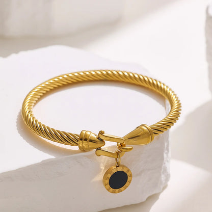 316L Stainless Steel Twisted Cable Bangle Roman Numeral Pendant Round Charm Bracelet Waterproof Hypoallergenic Fade Resistant Women Jewelry