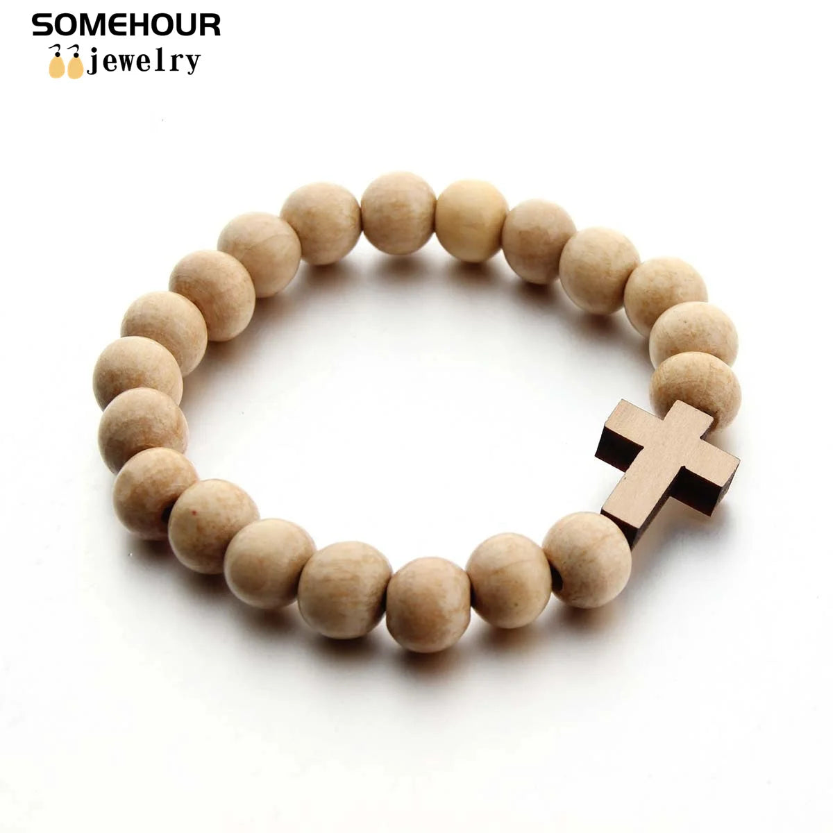 SOMEHOUR Vintage Cross Pendant Necklace Bracelet 45cm Round Wood Beads Chains Rosary Religious Accessories Jewelry For Women Men