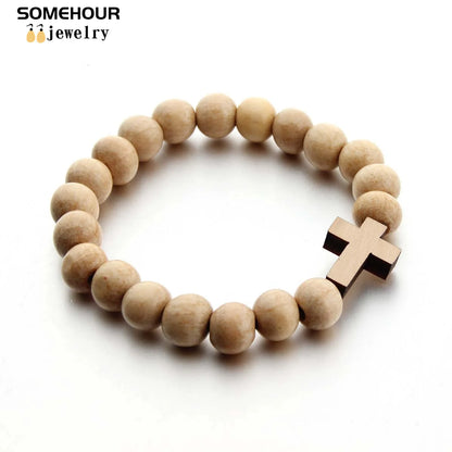 SOMEHOUR Vintage Cross Pendant Necklace Bracelet 45cm Round Wood Beads Chains Rosary Religious Accessories Jewelry For Women Men