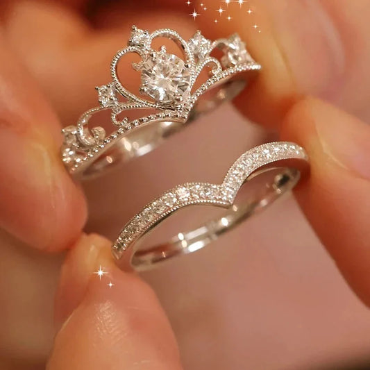Stainless Steel 2PCS Crystal Crown Adjustable Ring Irregular Geometry Vintage Rings Set for Women Girls New Fashion Jewelry Gift