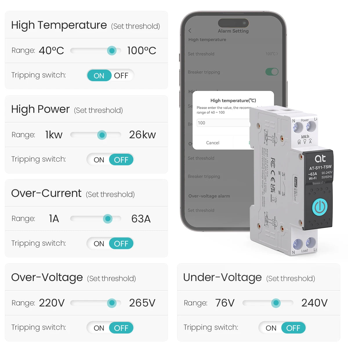 TUYA WiFi/ZigBee MCB Smart Circuit Breaker Over Current Under Voltage Protection Power Metering 63A Remote Control Switch