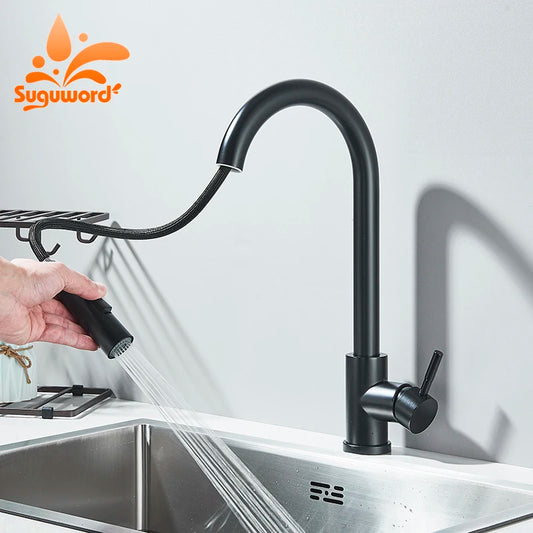 Matte Black Pull Out Kitchen Faucet 2Modes Spout Sink Tap Deck Mount Single Handle Cold Hot Water Mixer Kitchen Faucet