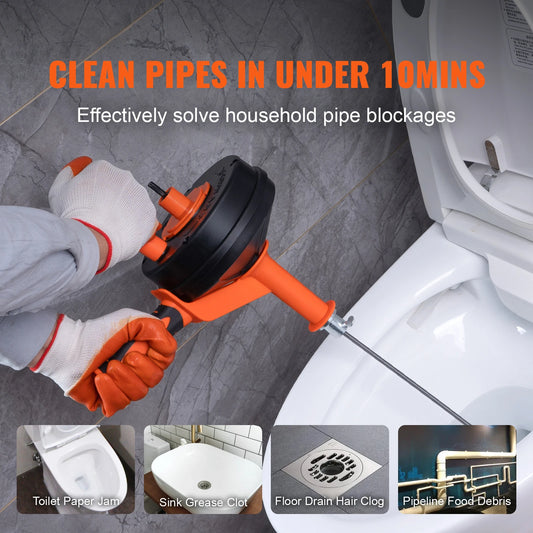 SucceBuy Drain Auger 25Ft Manual-feeding Plumbing Snake w/ Drill Attachment Drain Clog Remover Toilet Sewer Pipe Dredge for Home