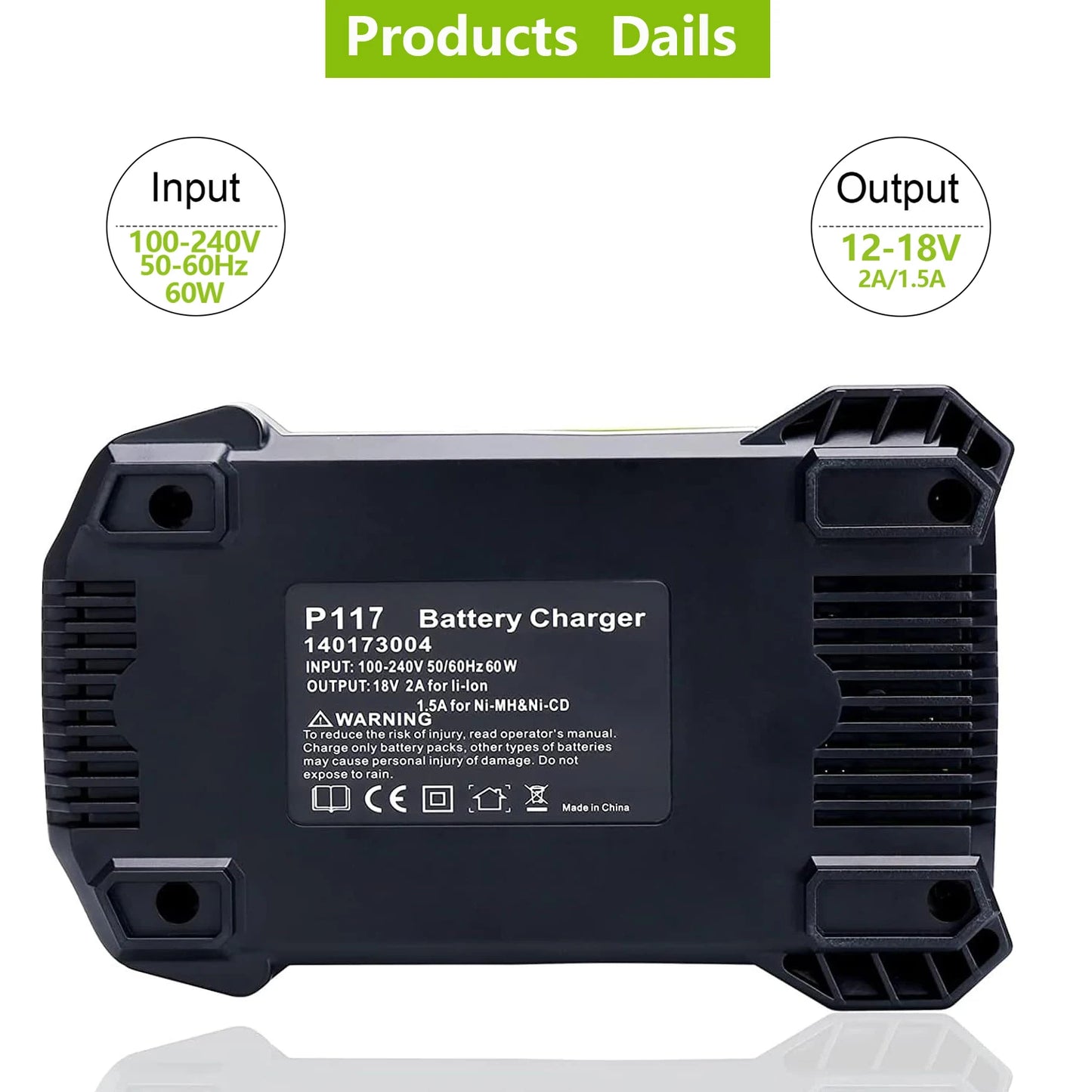 18-Volt P117 Rapid Charger Replacement for Ryobi 18V Battery Charger, Compatible with Ryobi 12V-18V One+ Lithium Nicad Nimh Battery P100 P102 P103 P105 P107 P108 P190 PBP002