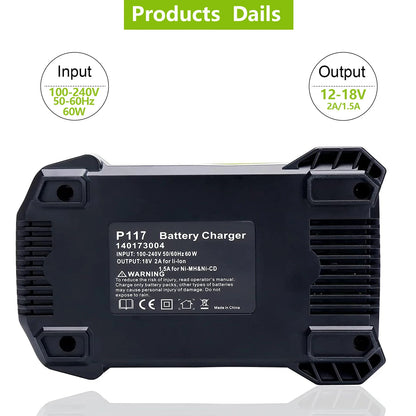 18-Volt P117 Rapid Charger Replacement for Ryobi 18V Battery Charger, Compatible with Ryobi 12V-18V One+ Lithium Nicad Nimh Battery P100 P102 P103 P105 P107 P108 P190 PBP002