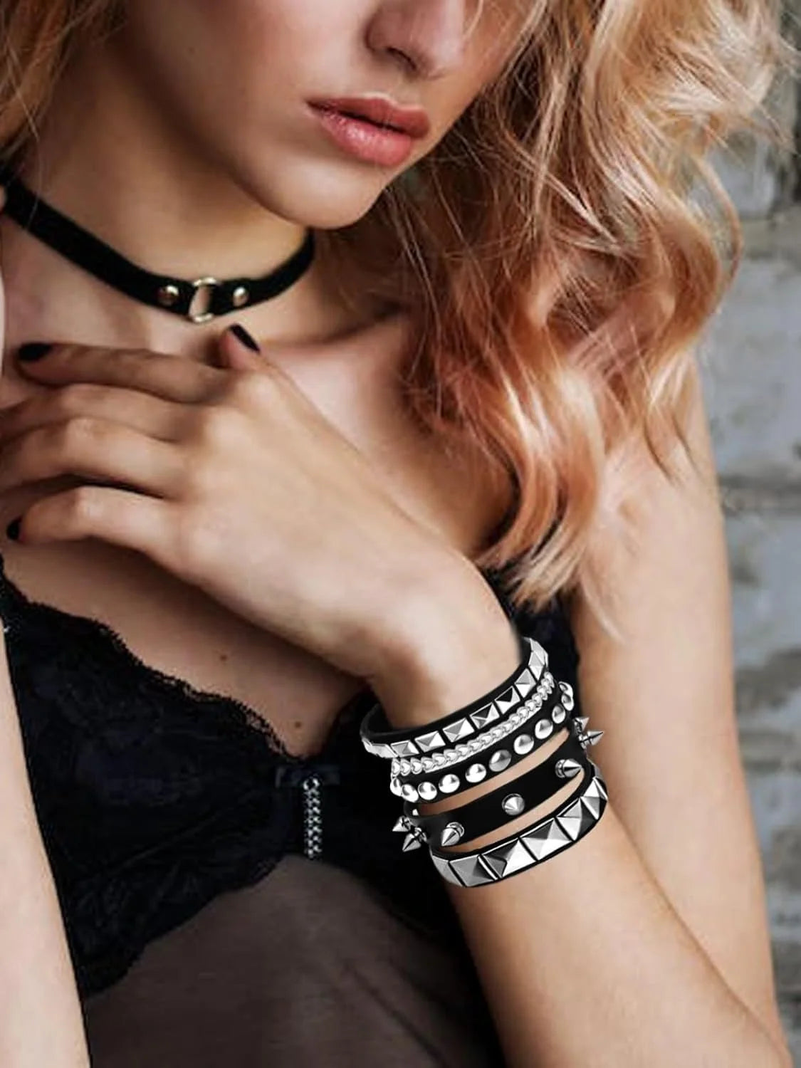 3Pcs/Set Fashion Street Hip Hop Leather Studded Cuff Bracelets Multiple Wristbands Bangle  Acceossries for 80s Punk Rock Concert Outfit