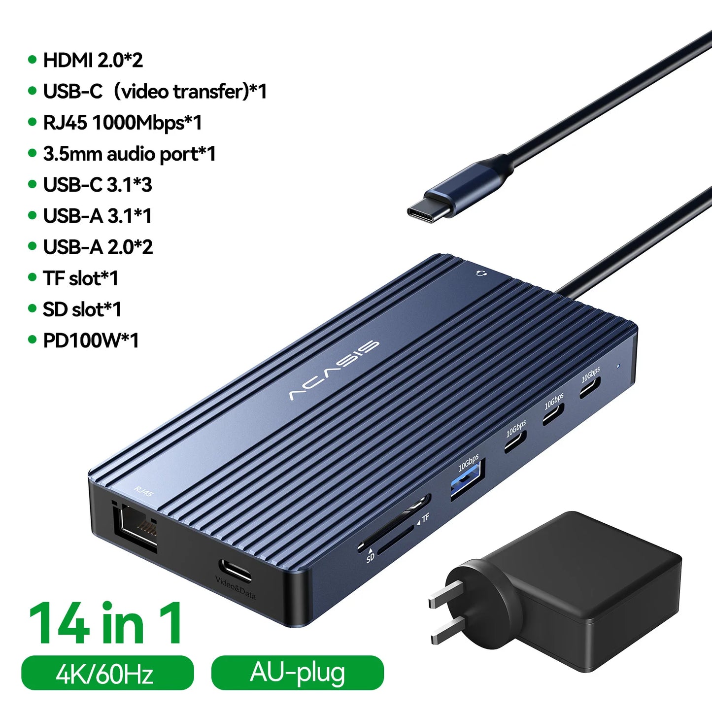 Acasis 14 in 1 USB-C Docking Station Triple Display 4K60Hz HDMI DP PD100W 10Gbps Hub for MacBook Laptop Workstation Setup