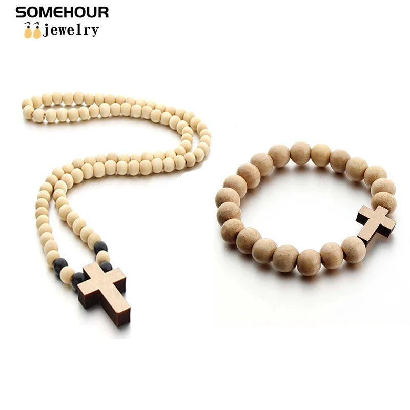 SOMEHOUR Vintage Cross Pendant Necklace Bracelet 45cm Round Wood Beads Chains Rosary Religious Accessories Jewelry For Women Men