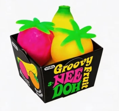 Groovy Nee Doh Schylling Fruit Stress Ball, Elastic Soft Squishy Fidget Toy, Banana Strawberry Orange Squeeze Sensory Toy