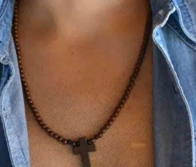 SOMEHOUR Vintage Cross Pendant Necklace Bracelet 45cm Round Wood Beads Chains Rosary Religious Accessories Jewelry For Women Men