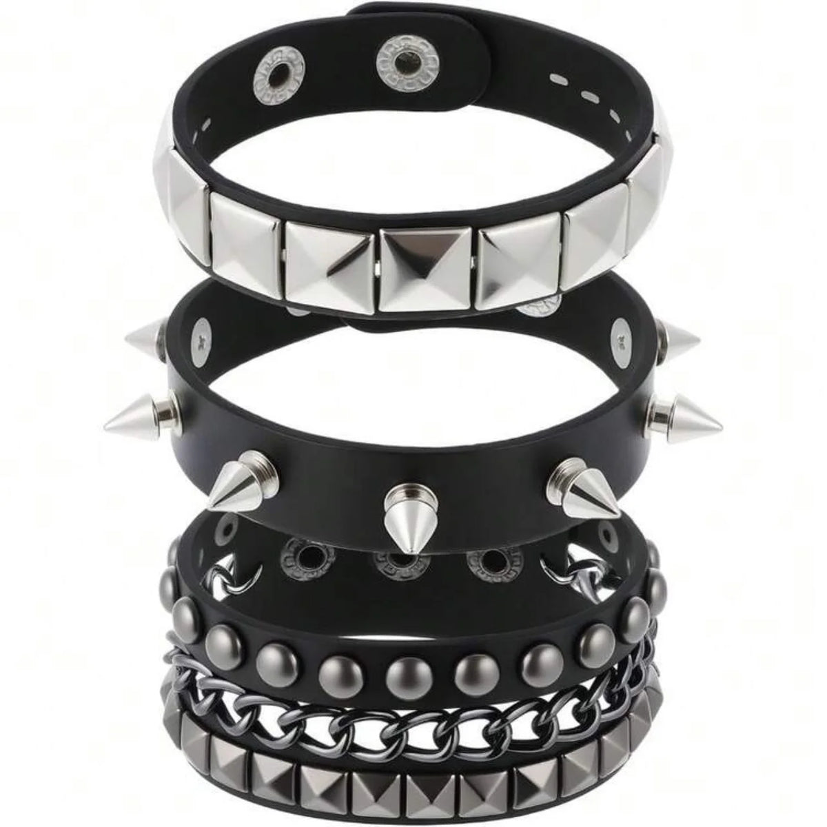3Pcs/Set Fashion Street Hip Hop Leather Studded Cuff Bracelets Multiple Wristbands Bangle  Acceossries for 80s Punk Rock Concert Outfit
