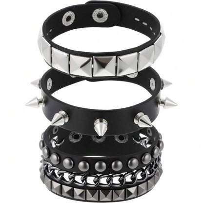 3Pcs/Set Fashion Street Hip Hop Leather Studded Cuff Bracelets Multiple Wristbands Bangle  Acceossries for 80s Punk Rock Concert Outfit