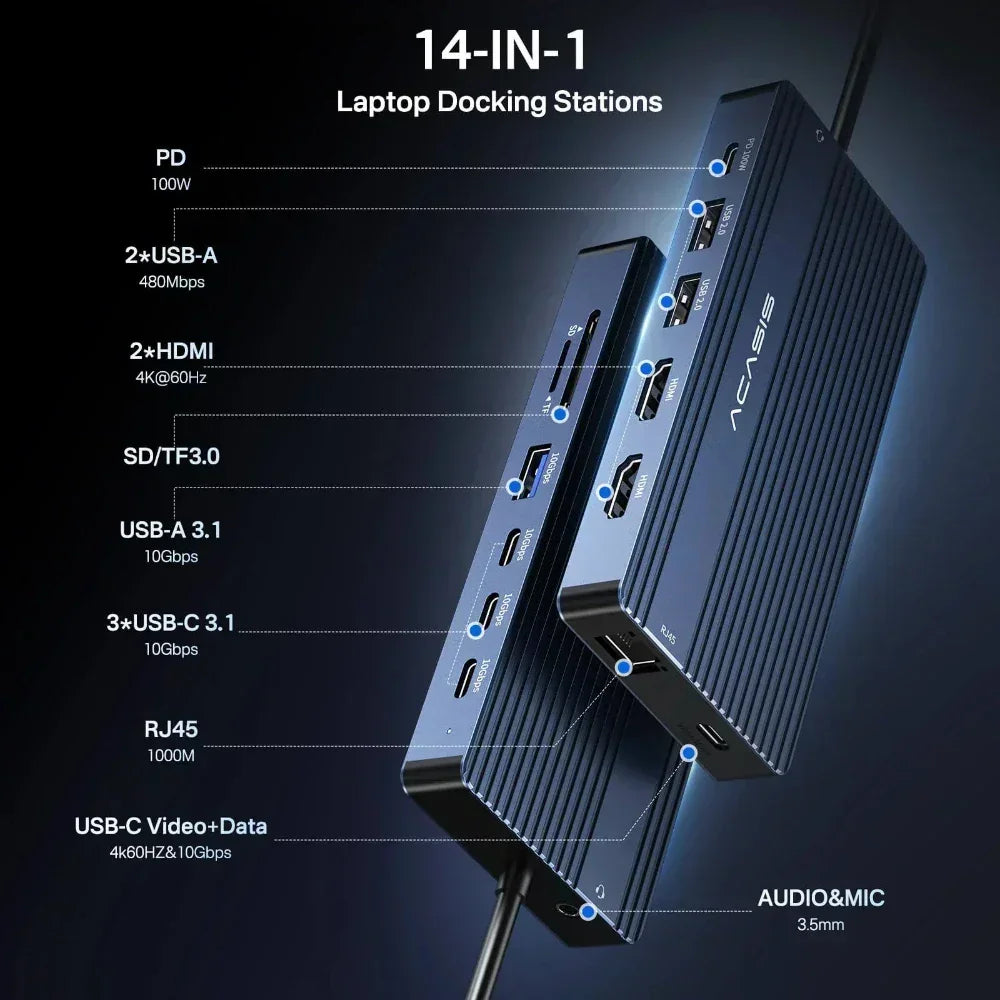 Acasis 14 in 1 USB-C Docking Station Triple Display 4K60Hz HDMI DP PD100W 10Gbps Hub for MacBook Laptop Workstation Setup