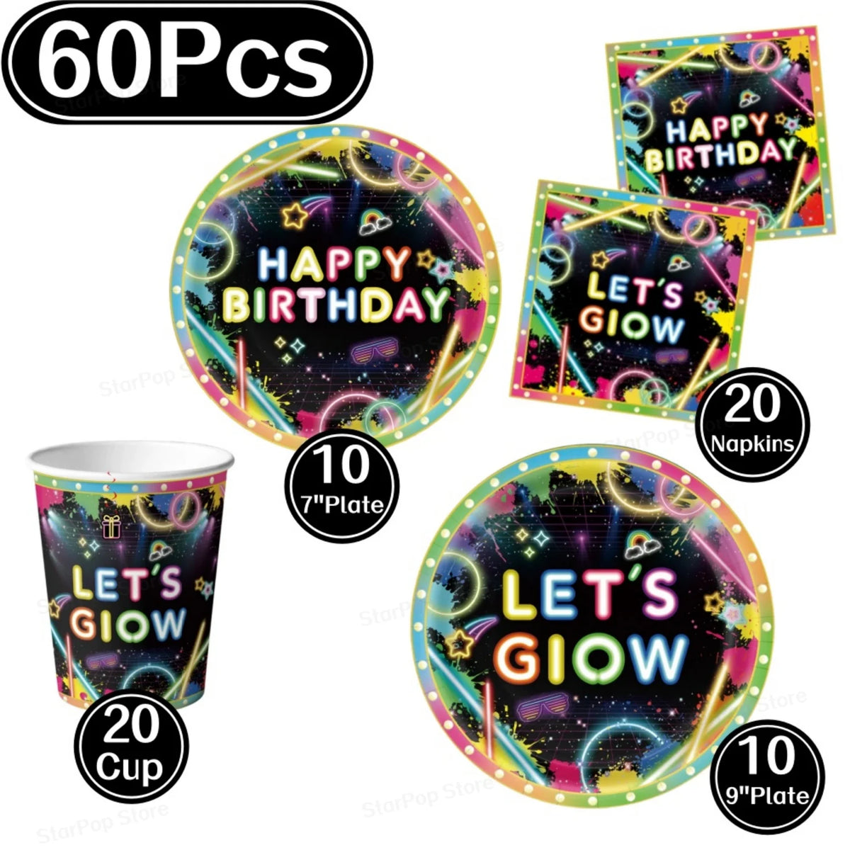 Neon Birthday Party Supplies Disposable Tableware Plates Cups Napkins Tablecloth Kids Blacklight Glow Theme Birthday Decorations