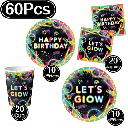 Neon Birthday Party Supplies Disposable Tableware Plates Cups Napkins Tablecloth Kids Blacklight Glow Theme Birthday Decorations
