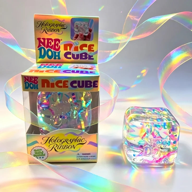 NeeDoh Holographic Ribbon Nice Cube Squishy Toy, Soft Fidget Squeeze Cube with Shiny Rainbow Streamer for Pressure Relief