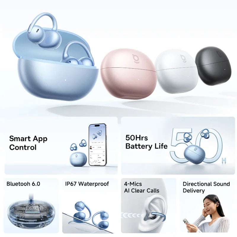 Baseus Bowie MC2 S Open Ear Clip Wireless Earphones Bluetooth 6.0 Comfort Clip On Sports  Earbuds 4-Mic Clear Calls Al Translate
