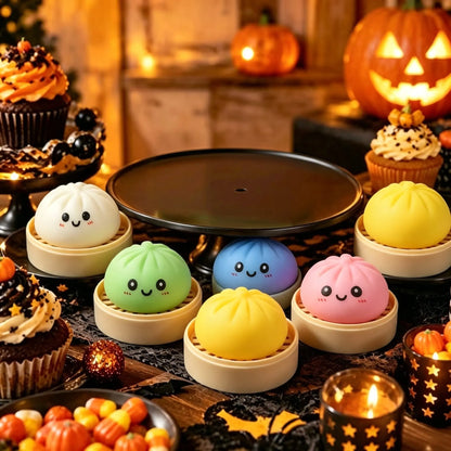 Halloween Bun Set of 18 (6 Buns+6 Steamers+6 Steamer Lids), a portable tabletop travel decompression toy, cute collectibles and trick or treat bag fillers, a great choice for party gifts