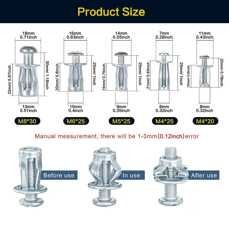 32-90PCS Jack Nuts Petal Nuts, Expansion Screw Petal Nut, Thins Fixings Dowels with Screws for Tin, Billboard, Cardboard.