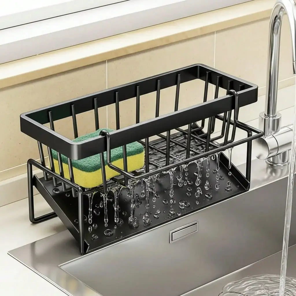 Steel Draining Rack For Sponges/Utensils/Soap, Sloped To Avoid Pooling, With Towel Bar To Prevent Mold. Ideal For Kitchen.