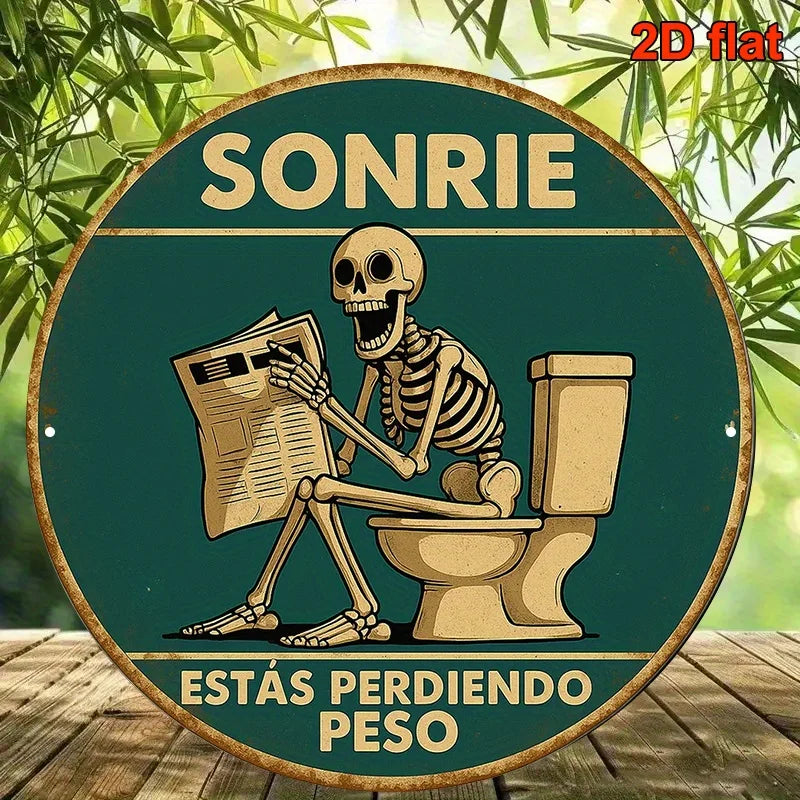 1pc, Round Spanish Aluminum Sign, Retro Decorative Plaque About 'Skeleton Reading on The Toilet', Humorous Toilet Decoration