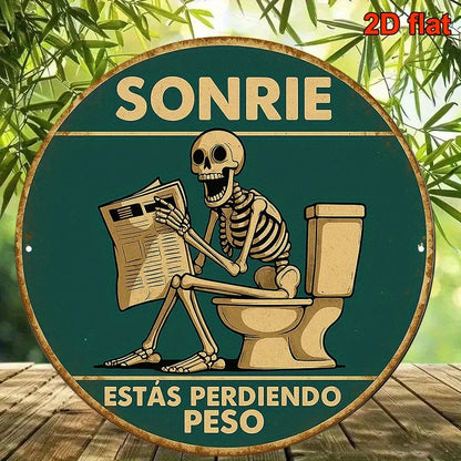 1pc, Round Spanish Aluminum Sign, Retro Decorative Plaque About 'Skeleton Reading on The Toilet', Humorous Toilet Decoration