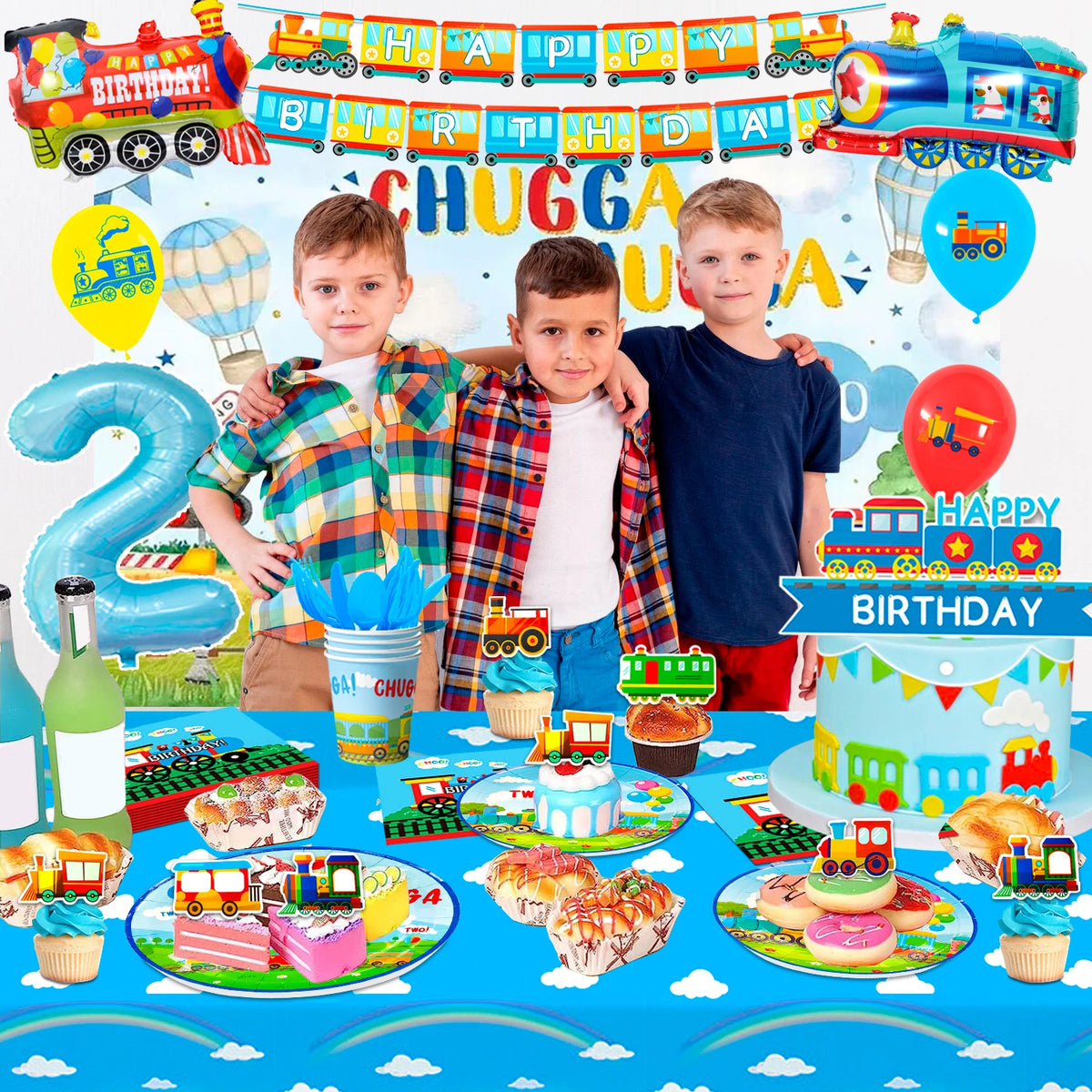 157 Pcs Train Party Decorations&Tableware Set-Plates Tablecloth Banner Balloons etc Chugga Chugga Two Two Birthday Decorations