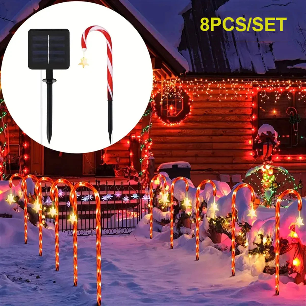 8PCS/Set Solar Cane Light Outdoor Waterproof 8 Function Candy Ground Light Garden Landscape Christmas Decoration Lawn Light