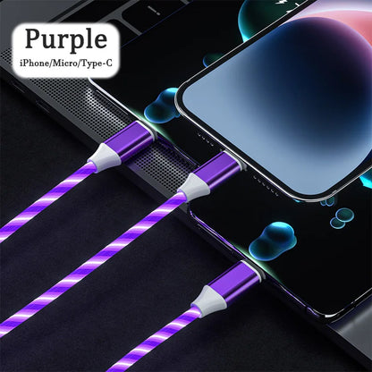 3 in 1 LED Light Glowing Charging Cable 3A Micro USB C Type C Flowing Streamer Type-C Cable for iPhone Xiaomi Huawei