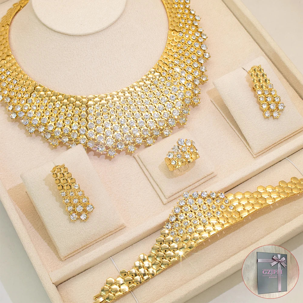 GZJPEI 4 Pcs/set Necklace Bracelet Earring Ring Light Luxury Jewelry Set Shiny White Full Zircon For Women Jewellery Birthday Gift Anniversary Gift